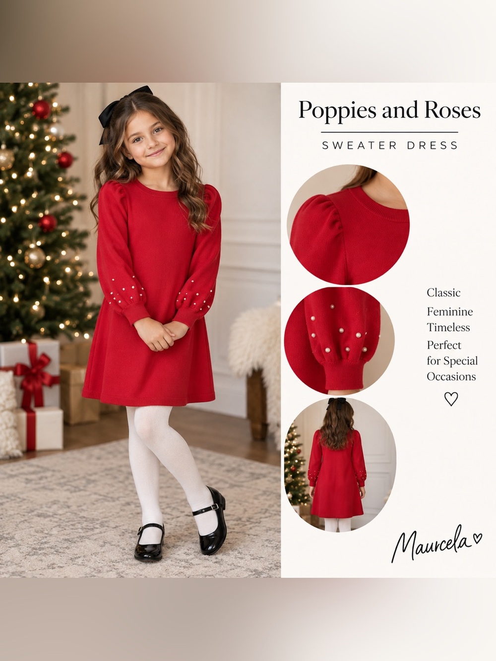Poppies and Roses Red Pearl Sleeve Sweater Dress